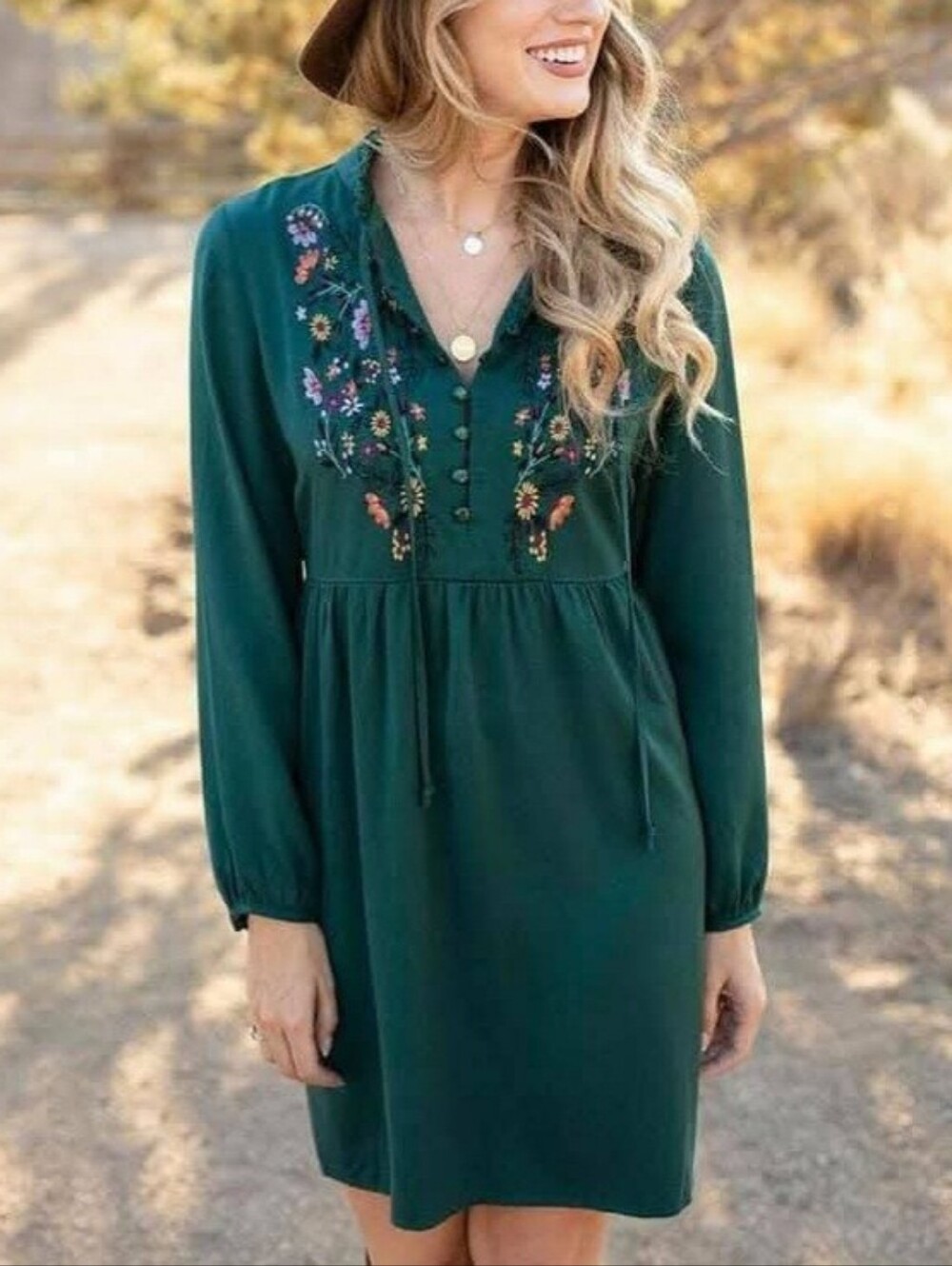 Grace & Lace Forest Green Floral Embroidered Boho Dress XS